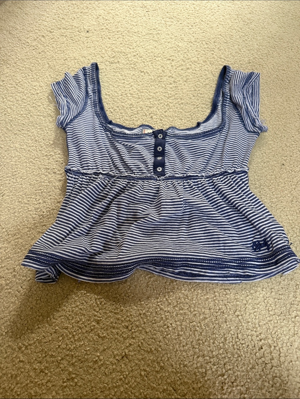 Urban Outfitters Blue & White Striped Short Sleeve Peplum Top